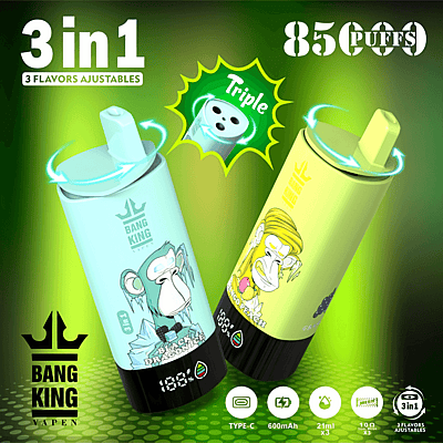 Imagen promocional del vaporizador Bang King que presenta dos dispositivos con diseños ilustrativos de monos, que muestran sabores ajustables 3 en 1 y una capacidad de 8500 bocanadas.