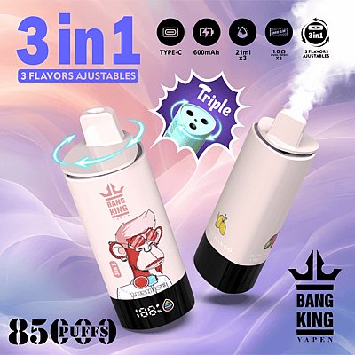 Imagen promocional de Bang King Vapen con vaporizadores desechables 3 en 1 con sabor ajustable, batería de 600 mAh, carga tipo C y varios sabores. Incluye una opción rotatoria de triple sabor y capacidad para 8500 caladas.