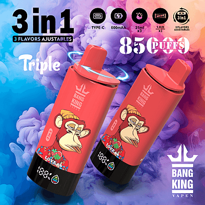 Un gráfico promocional que muestra el dispositivo Bang King Vapen 3 en 1 con sabores ajustables, con dos dispositivos rojos con un diseño de mono de dibujos animados, sobre un fondo colorido en espiral con especificaciones del producto que destacan 8500 bocanadas y una capacidad de 21 ml.