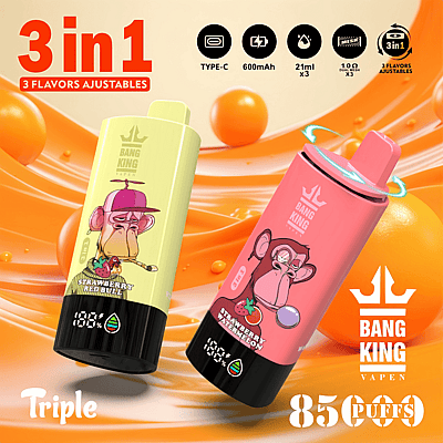 Imagen promocional de los dispositivos de vapeo Bang King, que muestra dos dispositivos coloridos y enumera características que incluyen "3 sabores ajustables", "600 mAh" y "85 000 bocanadas", sobre un fondo naranja vibrante.