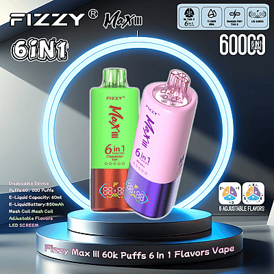 Imagen promocional del vaporizador Fizzy Max III 6 en 1 que muestra dos coloridos dispositivos desechables con características como 60.000 bocanadas, 6 sabores ajustables, batería de 850 mAh y pantalla LED.