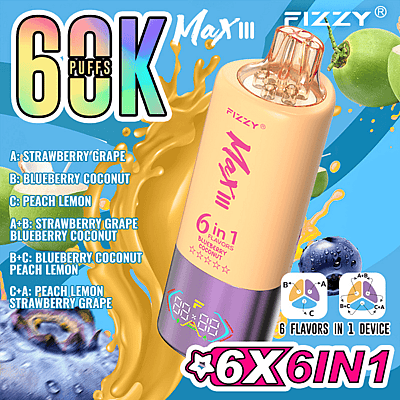 Publicidad que muestra un dispositivo de vapeo Fizzy Max III 6 en 1 que ofrece 60.000 bocanadas con sabores fresa uva, arándano coco y melocotón limón, mostrado sobre un fondo de salpicaduras de colores.