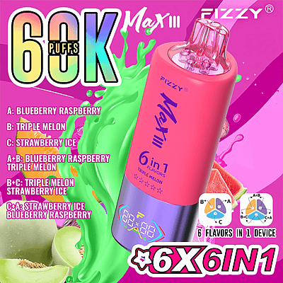 Imagen promocional del dispositivo de vapeo desechable Fizzy Max III 6 en 1, con una marca colorida, ilustraciones de neón de sabores como arándano, frambuesa, melón y fresa, y texto que resalta 60,000 bocanadas y opciones de combinación de sabores.