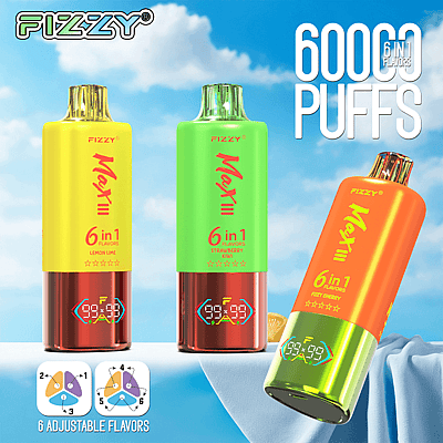 Publicidad de los dispositivos de vapeo desechables FIZZY Max 11 que incluyen tres unidades coloridas con 6000 bocanadas y seis sabores ajustables mostrados sobre un fondo de cielo azul.