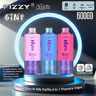 Una imagen promocional que muestra los dispositivos de vapeo Fizzy Max III 6 en 1 con opciones de sabores ajustables, 60.000 bocanadas y pantallas LED.
