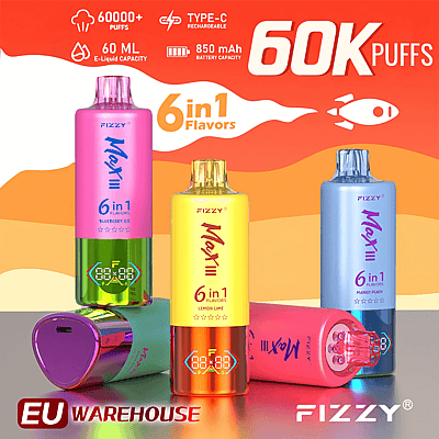 Imagen promocional de los vapes desechables Fizzy Max 6 en 1 que muestran diseños coloridos y características como 60.000 bocanadas, capacidad de 60 ml de líquido electrónico, batería recargable tipo C de 850 mAh y sabores como helado de arándano, limón y lima y mango y melocotón, etiquetados como 'EU Warehouse'.