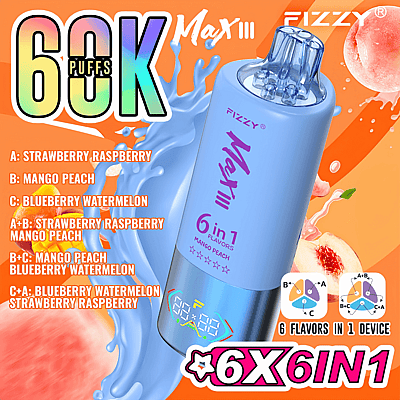 Imagen promocional del dispositivo Fizzy Max III, destacando su capacidad de 60.000 bocanadas y combinaciones de sabores 6 en 1, presentando un dispositivo azul sobre un fondo naranja con gráficos de mango y durazno.