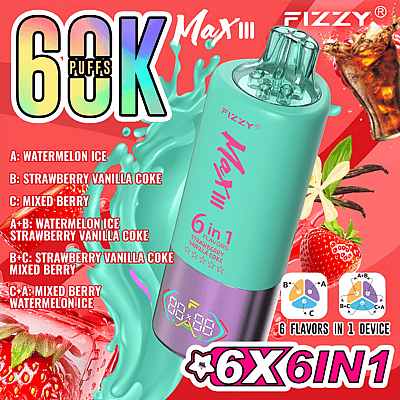 Gráfico promocional del dispositivo FIZZY Max III que muestra sus opciones de sabor 6 en 1, incluidas mezclas como Watermelon Ice y Strawberry Vanilla Coke, con un fondo rojo vibrante con imágenes de fresas, vainilla y refrescos.