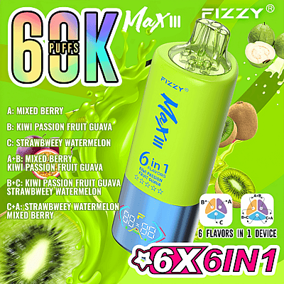 Imagen promocional de un dispositivo de vapeo desechable que resalta características como 60.000 bocanadas, múltiples combinaciones de sabores como frutos rojos mixtos y kiwi, maracuyá y guayaba, y un diseño cilíndrico verde con el nombre de la marca visible.