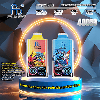 Advertisement image showcasing two Fumot Leopard 40K Puffs Disposable Vape devices, each featuring vibrant leopard designs with digital tube oil power displays, dual mesh coils, RGB dynamic lights, and LED screens; includes detailed device specifications like battery capacity and charging type.