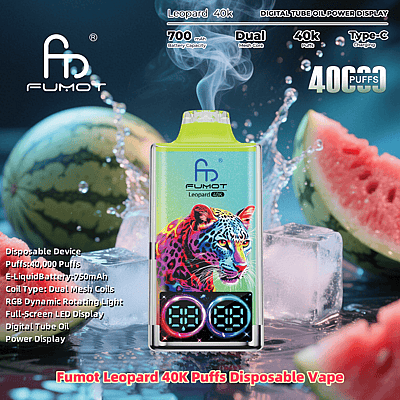 Promotional image for the Fumot Leopard 40K Puffs Disposable Vape featuring a colorful leopard graphic on the device, surrounded by watermelon slices and ice cubes, highlighting features like 40,000 puffs, 700 mAh battery capacity, dual mesh coils, RGB dynamic light, and digital display.
