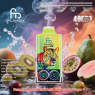 Advertisement for the Fumot Leopard 40K Puffs Disposable Vape featuring a colorful leopard design, 700mAh battery, dual mesh coils, RGB light, and full-screen LED display with fruits like kiwi and passion fruit in the background.