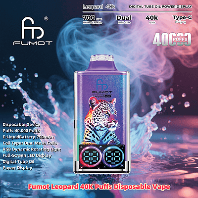 Colorful promotional image for a Fumot Leopard 40K Puffs Disposable Vape featuring a digital display and vibrant leopard design, highlighting features like 40,000 puffs, 700 mAh battery capacity, dual mesh coils, and Type-C charging.
