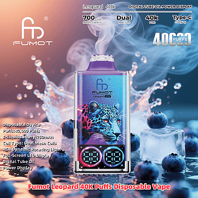Fumot Leopard 40K Puffs Disposable Vape featuring a colorful design of a leopard, digital display, and fruits with ice cubes in the background, highlighting key features like 40,000 puffs, 700mAh battery, dual mesh coil, Type-C charging, and RGB dynamic light.