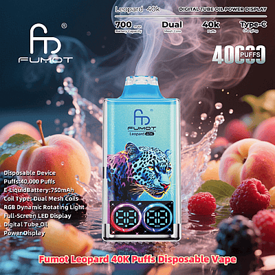 Promotional image of the Fumot Leopard 40K disposable vape with a colorful leopard design, features listed include 40,000 puffs, dual mesh coil, and RGB lighting, depicted against a background of fruits.