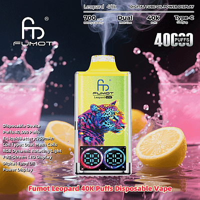Promotional image of a Fumot Leopard 40K disposable vape device featuring a colorful leopard design, digital tube oil power display, and specifications like 700mAh battery capacity, dual mesh coils, RGB dynamic rotating light, and Type-C charging, highlighted against a vibrant background with lemons and a pink liquid splash.