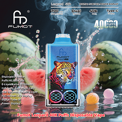 Promotional image for the Fumot Leopard 40K Puffs Disposable Vape, featuring a vibrant leopard design, dual mesh coils, RGB lights, and a LED power display with watermelons in the background.