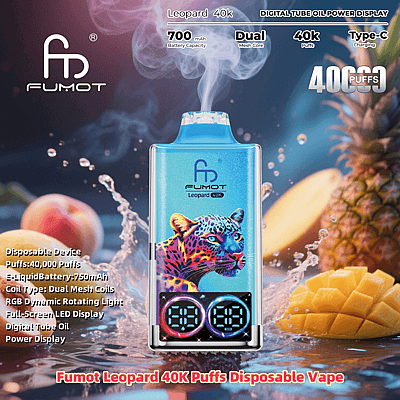Fumot Leopard 40K Puffs Disposable Vape with an illustrated leopard design displayed alongside specifications like 40,000 puffs, 700mAh battery, and features such as dual mesh coils, RGB lighting, and Type-C charging, set against a backdrop of tropical fruits.