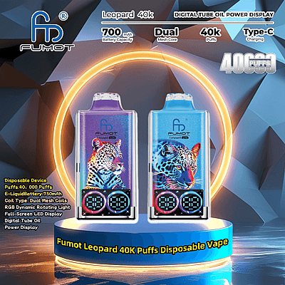 Colorful vaping device advertisement featuring Fumot Leopard with 40k puffs, dual mesh coils, RGB lights, and Type-C charging, showcasing a leopard design on the device with a futuristic display background.