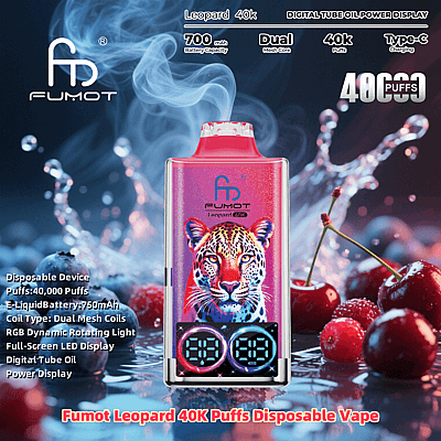 Promotional image of a Fumot Leopard 40K Puffs Disposable Vape featuring a leopard design, RGB dynamic light, and digital display, surrounded by cherries and a smoky background.