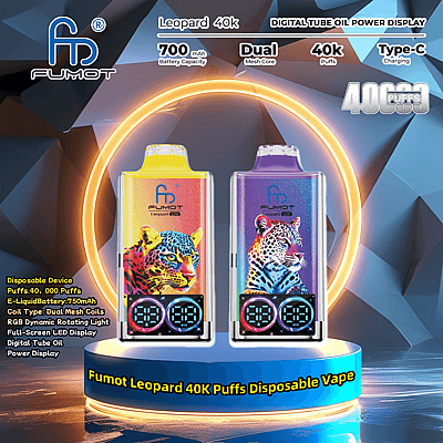 Image of two Fumot Leopard 40k puffs disposable vape devices featuring colorful leopard designs, digital tube oil power display, and specs like 700mAh battery capacity and dual mesh coil, set against a geometric backdrop with product highlights such as 40,000 puffs and Type-C charging.