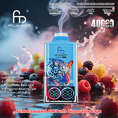 Promotional image for the Fumot Leopard 40K Puffs Disposable Vape, featuring a blue vape device with a colorful leopard design, surrounded by fresh berries and smoke, and text highlighting features like 40,000 puffs, 700 mAh battery, RGB lights, and Type-C charging.