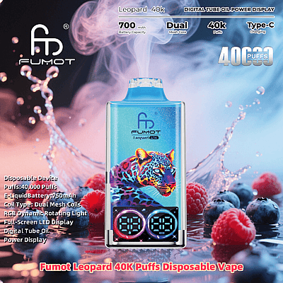 Promotional image for the Fumot Leopard 40K Puffs Disposable Vape, featuring a colorful leopard design on the device, which has a 700mAh battery, dual mesh coils, RGB light, and 40,000 puffs capacity, shown with berries and smoke in the background.