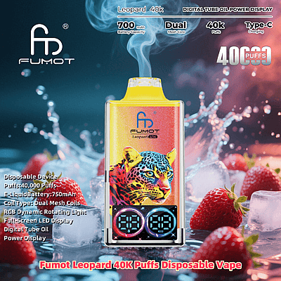 Promotional image for Fumot Leopard 40K Puffs Disposable Vape featuring a colorful leopard design, dual mesh coils, and full-screen LED display, with strawberries and ice cubes in the background.