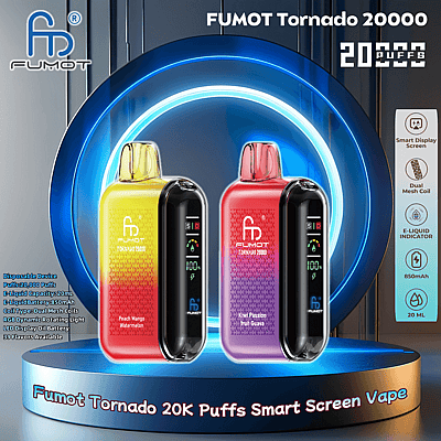 Two Fumot Tornado 20000 vapes displayed on a blue illuminated circular platform with digital screens, offered in Peach Mango Watermelon and Kiwi Passion Fruit Guava flavors, emphasizing features like 20,000 puffs, 20ml e-liquid capacity, and dual mesh coils.