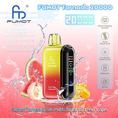 Reclamebeeld voor de Fumot Tornado 20000, een vape-apparaat met slim scherm, 20.000 trekjes, dubbele mesh-coil, e-liquidindicator en 850 mAh-batterij, met afbeeldingen van perzik- en watermeloenschijfjes tegen een roze achtergrond.