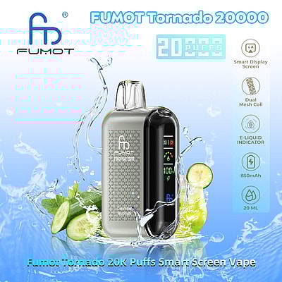 Advertentie voor de FUMOT Tornado 20000 vape met slim display, waarop functies als een capaciteit van 20.000 trekjes, dubbele mesh-coil, e-liquidindicator, 850 mAh-batterij en 20 ml-capaciteit worden getoond, tegen een achtergrond met spetterende komkommers en limoenen.
