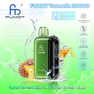 Promotiefoto van het FUMOT Tornado 20000 vape-apparaat in het groen, met het slimme display en specificaties zoals 20.000 trekjes, dubbele mesh-coil, E-LIQUID-indicator, 850 mAh-batterij en 20 ml-capaciteit met een achtergrond van levendig fruit en een scheutje vloeistof.