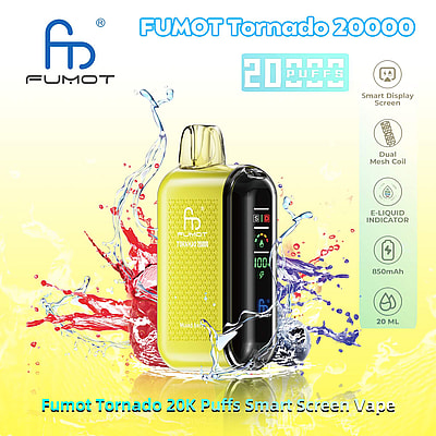Promotiefoto voor de Fumot Tornado 20000 vape, met functies als 20.000 trekjes, een slim display, dubbele mesh-spoel, e-liquidindicator, 850 mAh en een capaciteit van 20 ml tegen een gele achtergrond met waterspetters.
