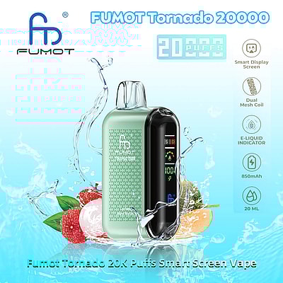 Promotiefoto van het Fumot Tornado 20000 vape-apparaat met een slim display, dubbele mesh-coil, capaciteit van 20.000 trekjes en een 850 mAh-batterij, tegen een achtergrond van waterspetters en fruit.
