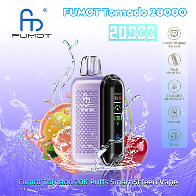 Reclamebeeld voor de Fumot Tornado 20000 vape met een slim display, dubbele mesh-coil, e-liquid-indicator, een capaciteit van 20.000 trekjes, een 850mAh-batterij en een e-liquid-capaciteit van 20 ml, tegen een achtergrond met spetters fruit en water.