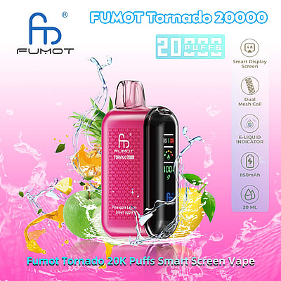 Fumot Tornado 20000 vape-apparaat met een slim display, dubbele mesh-spoel, e-liquid-indicator, 850 mAh-batterij en 20 ml-capaciteit, met kleurrijke fruitmotieven op de achtergrond.