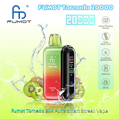 Een promotiefoto voor de Fumot Tornado 20000 vape, met een slim scherm en dubbele mesh-coil, met een aardbei-kiwi-ontwerp en specificaties waaronder een capaciteit van 20.000 trekjes, een 850 mAh-batterij en 20 ml e-liquid.