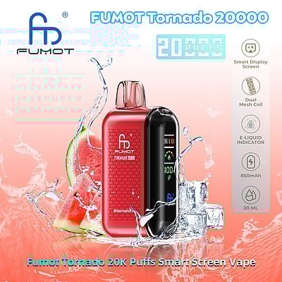 De afbeelding toont een FUMOT Tornado 20000 vape-apparaat met een slim display, omringd door waterspatten en watermeloenschijfjes, en met functies zoals 20.000 trekjes, dubbele mesh-coil, e-liquidindicator, 850 mAh-batterij en 20 ml-capaciteit.