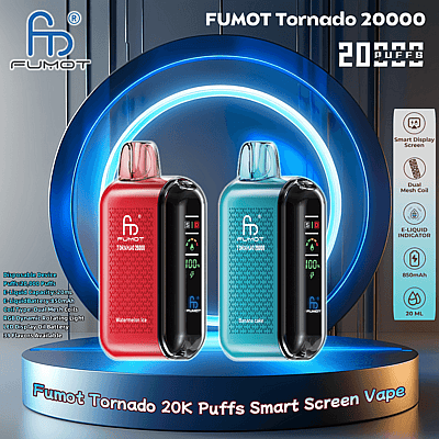 Twee Fumot Tornado 20000 wegwerp-vape-apparaten, één rood met het label 'Watermelon Ice' en één blauw met het label 'Banana Cake', met functies zoals een slim display, dubbele mesh-spoel en e-liquidindicator, weergegeven in een futuristische setting met oplichtende blauwe, ronde highlights.