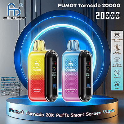 Promotiefoto met twee FUMOT Tornado 20000 wegwerp-vapes, één in geel en rood met het label 'Peach Mango Watermelon' en de andere in blauw en paars met het label 'Blueberry Raspberry x Hard Candy'. Beide hebben een LED-smartdisplay en worden geadverteerd voor een capaciteit van 20.000 trekjes.
