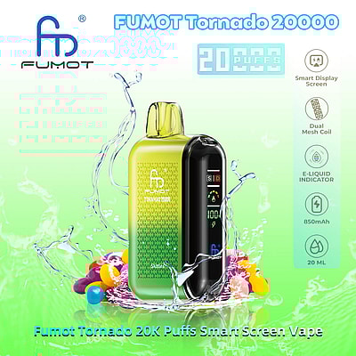 Een promotieafbeelding voor de FUMOT Tornado 20000 vape, met een groen en zwart apparaat met een slim scherm, omringd door waterspatten en kleurrijke snoepjes. De tekst benadrukt de belangrijkste kenmerken, zoals 20.000 trekjes, een dubbele mesh-coil en een 850 mAh-batterij.