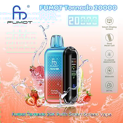 Promotiefoto voor de FUMOT Tornado 20000 vape met een blauw en rood apparaat met een slim display en de smaak aardbeienijs, omringd door waterspatten en aardbeien.