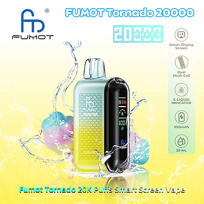 Promotiefoto van het Fumot Tornado 20000 vape-apparaat met een slim display dat de status van het apparaat weergeeft, omgeven door opspattend water en kleurrijke bollen, met tekst die functies zoals dubbele mesh-coil, e-liquidindicator, 850 mAh-batterij en 20 ml-capaciteit markeert.