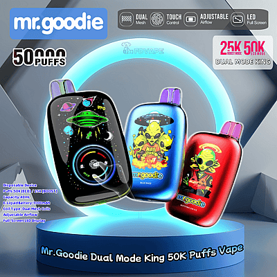 Three colorful Mr. Goodie disposable vape devices featuring alien-themed designs, highlighting their dual-mode capability with up to 50,000 puffs and features like adjustable airflow and touch control, set against a futuristic backdrop.