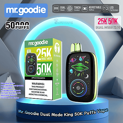 Afbeelding van een Mr. Goodie Dual Mode King 50K Puffs vape-apparaat en de verpakking, met een UFO-ontwerp op het apparaat en informatie over de capaciteit van 50.000 puffs en de dubbele boost- en eco-modi, met een waarschuwing over het nicotinegehalte.