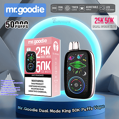 Promotiefoto van het Mr. Goodie Dual Mode King vape-apparaat met een capaciteit van 50.000 trekjes. De verpakking en het productontwerp zijn te zien met buitenaardse graphics en belangrijke kenmerken zoals dubbele mesh-spoelen en een LED-scherm.