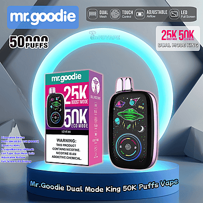 Promotiefoto van Mr. Goodie Dual Mode King 50K Puffs Vape. Deze afbeelding toont een modern vape-apparaat met een kleurrijk, op UFO's geïnspireerd ontwerp, dat in twee modi werkt: 25K Boost en 50K Eco. Daarnaast toont de verpakking functies zoals een dubbele mesh-spoel, instelbare luchtstroom en een volledig scherm met LED-display.