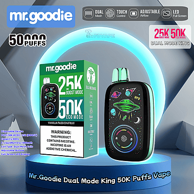 Promotiefoto van de Mr. Goodie Dual Mode King Vape waarop de verpakking en het apparaat te zien zijn. Het apparaat heeft een kleurrijk ruimtethema met 50.000 trekjes, instelbare luchtstroom, een LED-scherm op volledig scherm en aanraakbediening.
