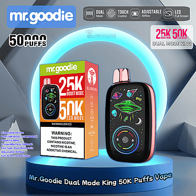 Promotiefoto van de Dual Mode King 50K Puffs wegwerp-vape van Mr. Goodie, met daarop de verpakking en het apparaat, dubbele mesh-spoelen, aanraakbediening, instelbare luchtstroom, LED-scherm en smaken waaronder Watermelon Ice.