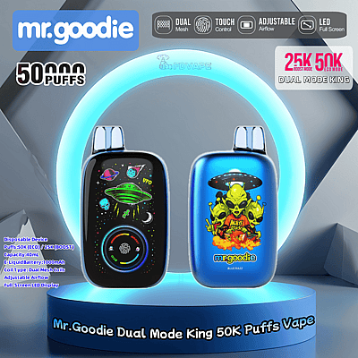 Promotiefoto voor Mr. Goodie Dual Mode King 50K Puffs Vape, met twee kleurrijke vapes met buitenaardse- en ruimteschipontwerpen, met kenmerken zoals dubbele mesh-spoelen, instelbare luchtstroom en aanraakbediening.